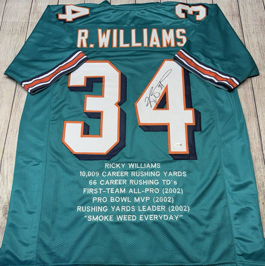 MIAMI DOLPHINS RICKY WILLIAMS SIGNED CUSTOM TEAL STAT JERSEY JSA COA!!!!