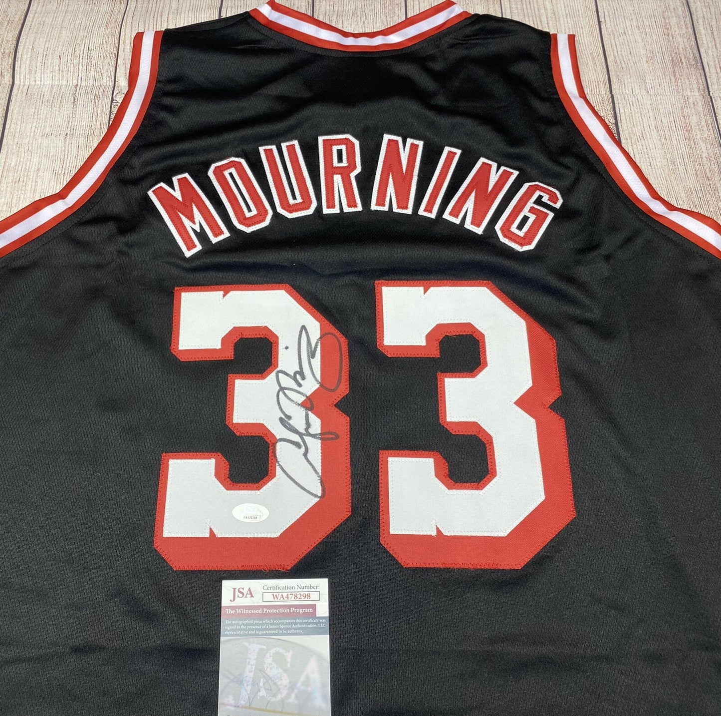 MIAMI HEAT ALONZO MOURNING SIGNED BLACK CUSTOM JERSEY JSA COA!!!