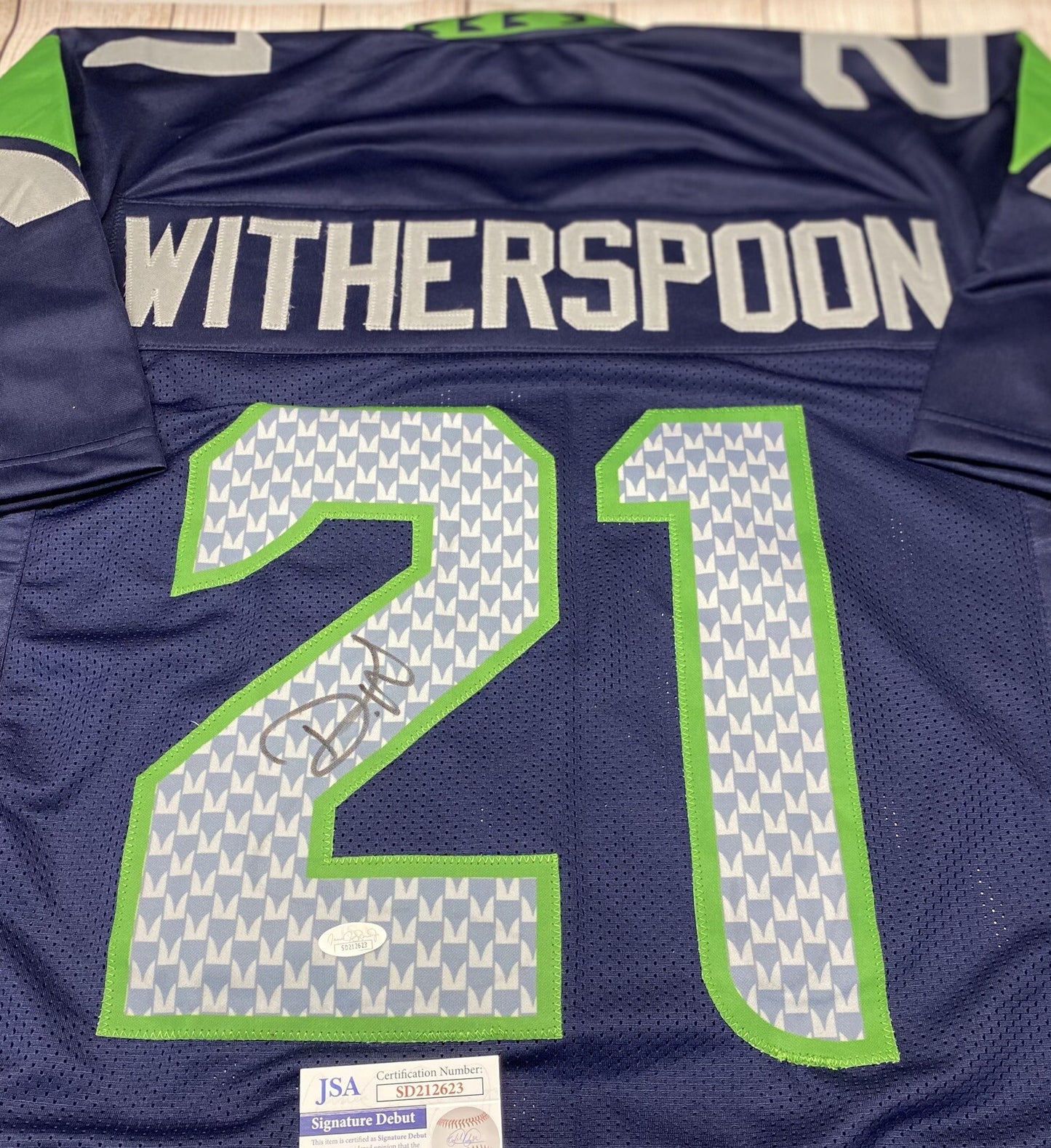 SEATTLE SEAHAWKS DEVON WITHERSPOON SIGNED CUSTOM BLUE JERSEY JSA  COA!!!
