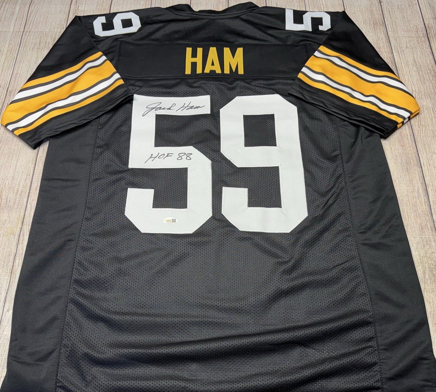 PITTSBURGH STEELERS JACK HAM SIGNED CUSTOM BLACK JERSEY “HOF 88” JSA COA