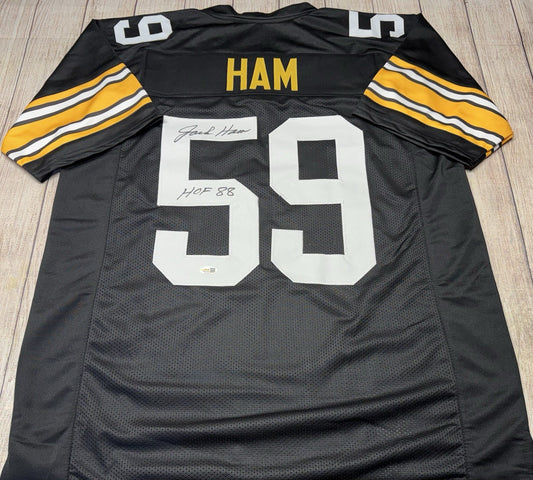 PITTSBURGH STEELERS JACK HAM SIGNED CUSTOM BLACK JERSEY “HOF 88” JSA COA
