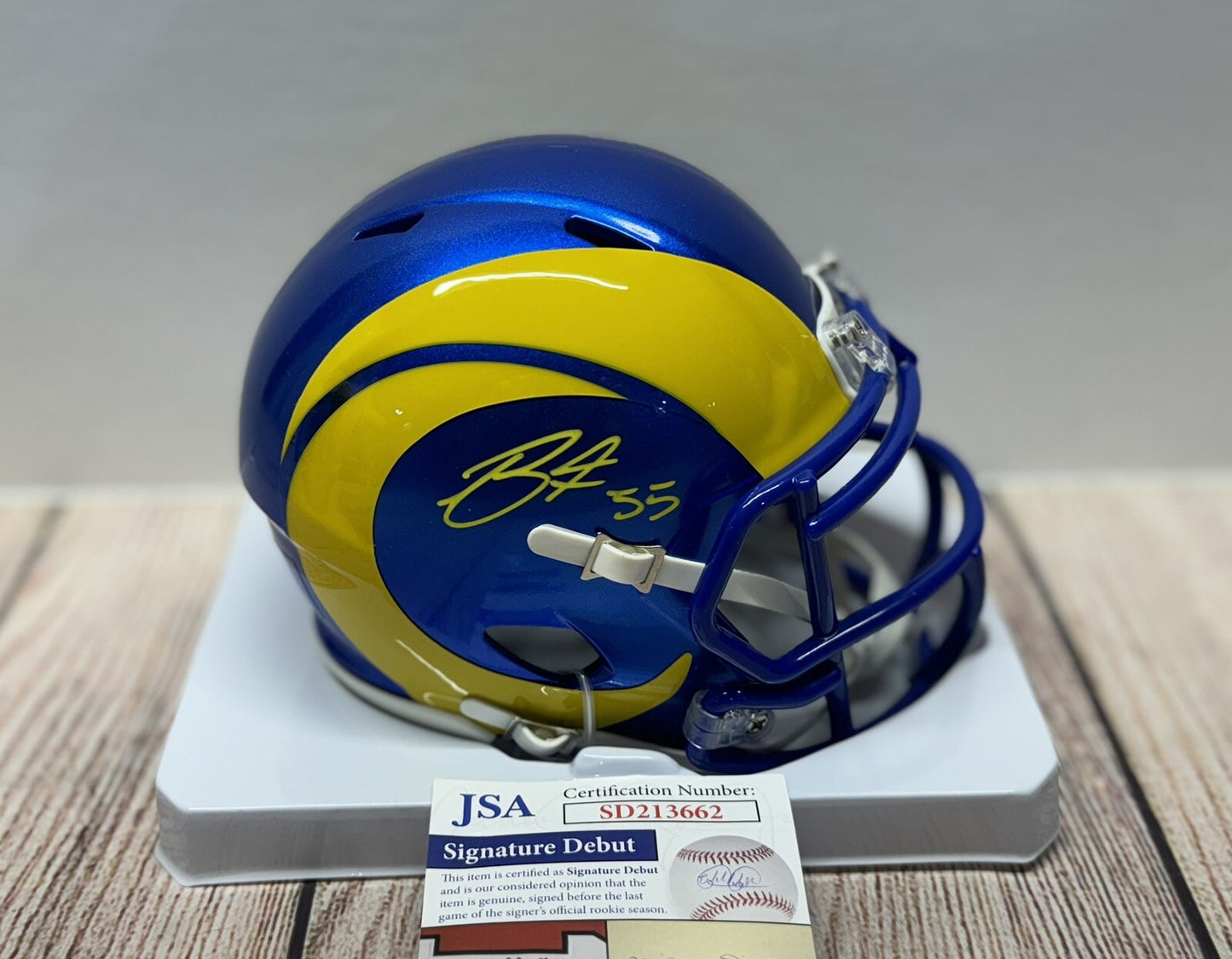 LOS ANGELES RAMS BRADEN FISKE SIGNED MINI HELMET JSA COA!!!