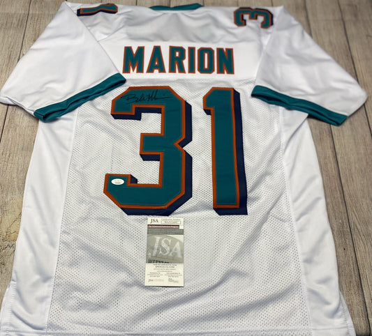 MIAMI DOLPHINS BROCK MARION SIGNED WHITE CUSTOM JERSEY  W/JSA COA!!