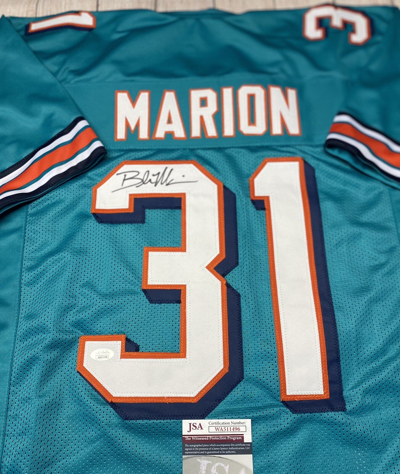 MIAMI DOLPHINS BROCK MARION SIGNED TEAL CUSTOM JERSEY  W/JSA COA!!