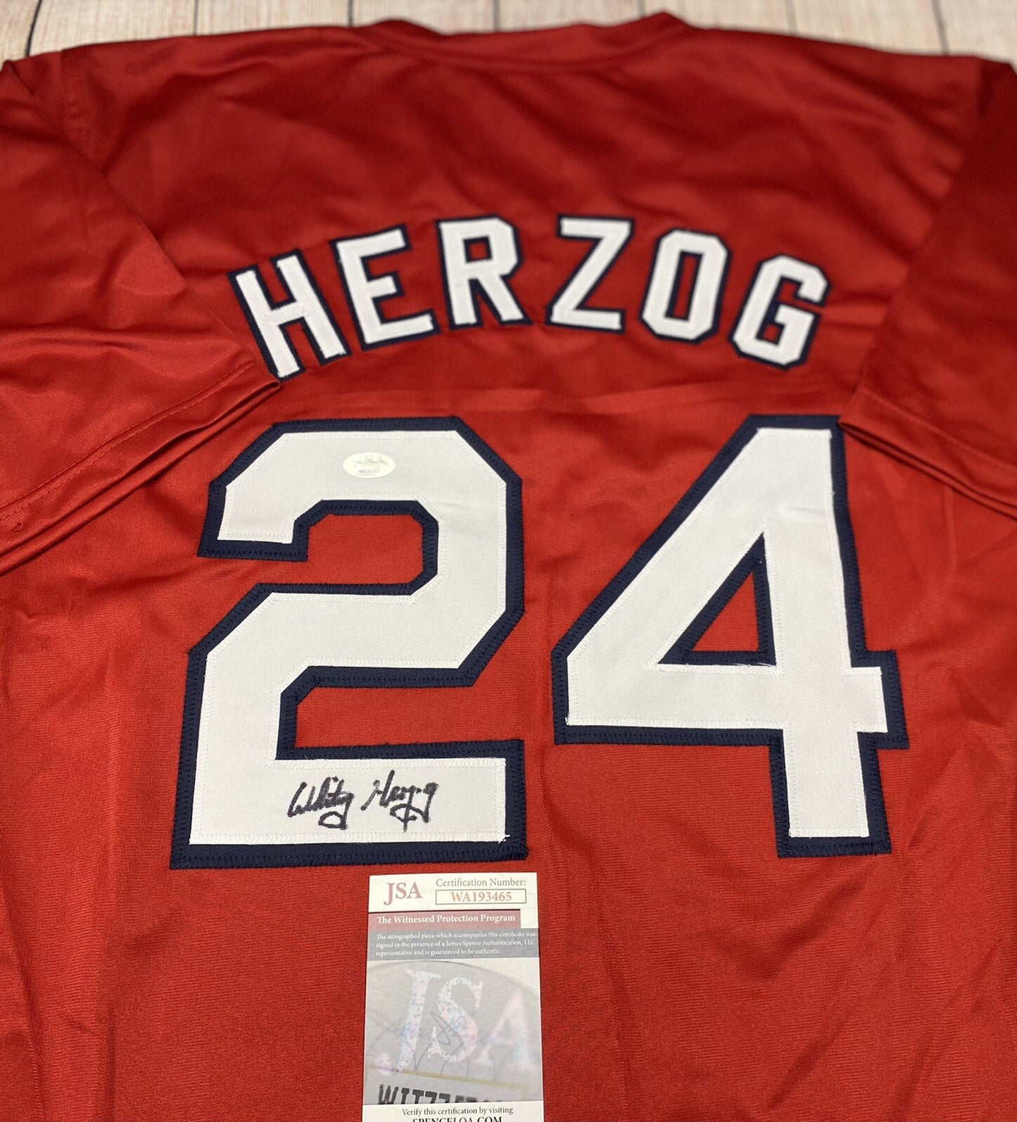 ST. LOUIS CARDINALS WHITEY HERZOG SIGNED RED CUSTOM JERSEY JSA COA!!!