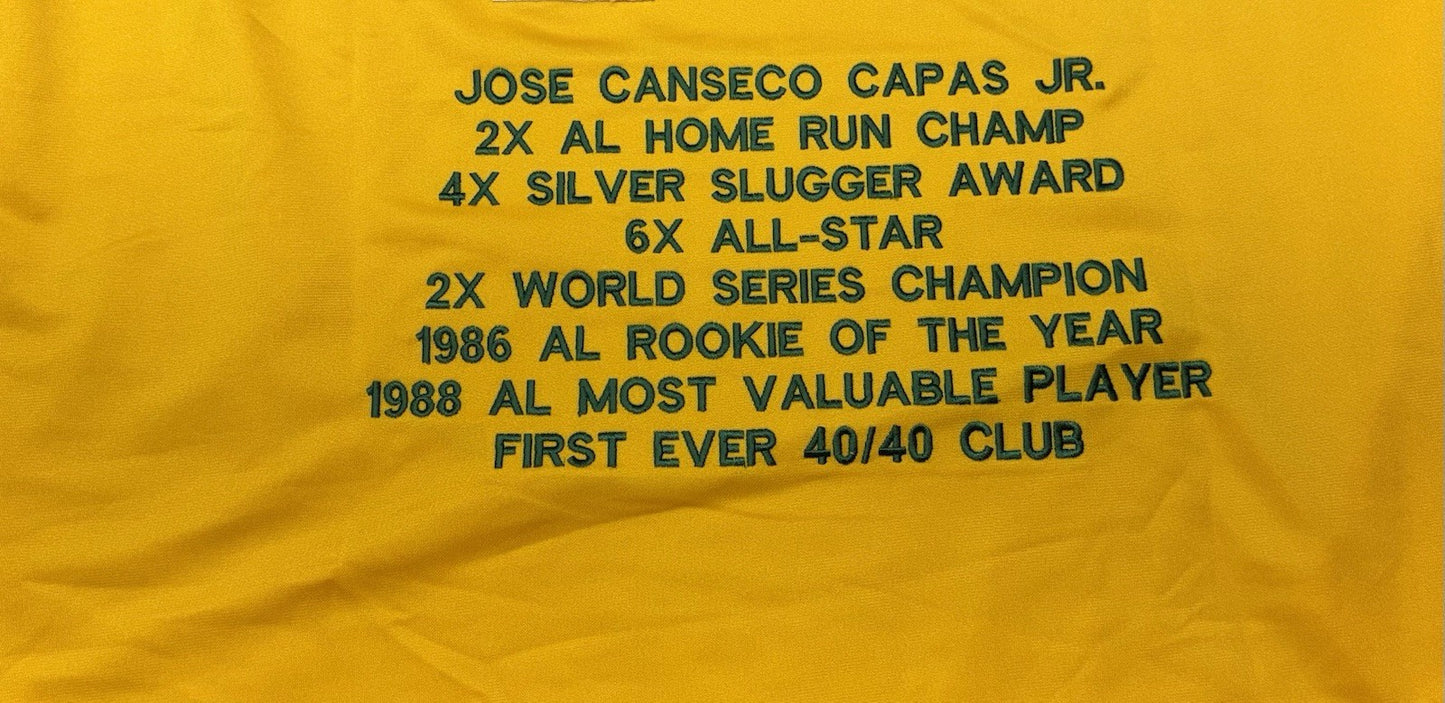 OAKLAND ATHLETICS JOSE CANSECO SIGNED YELLOW CUSTOM STAT JERSEY JSA COA!!!