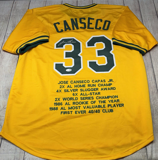 OAKLAND ATHLETICS JOSE CANSECO SIGNED YELLOW CUSTOM STAT JERSEY JSA COA!!!
