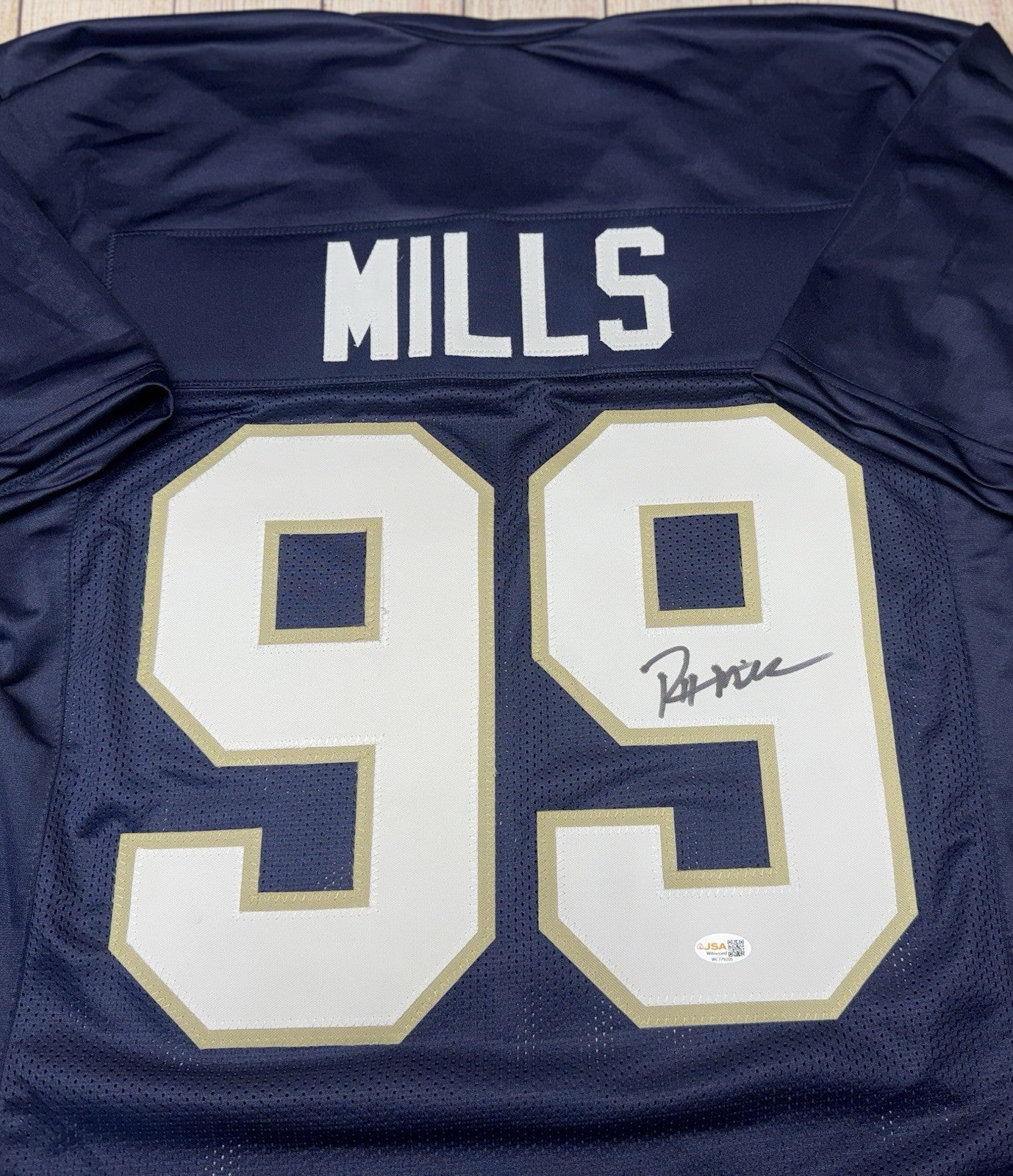Rylie Mills signature detail on Notre Dame blue custom jersey