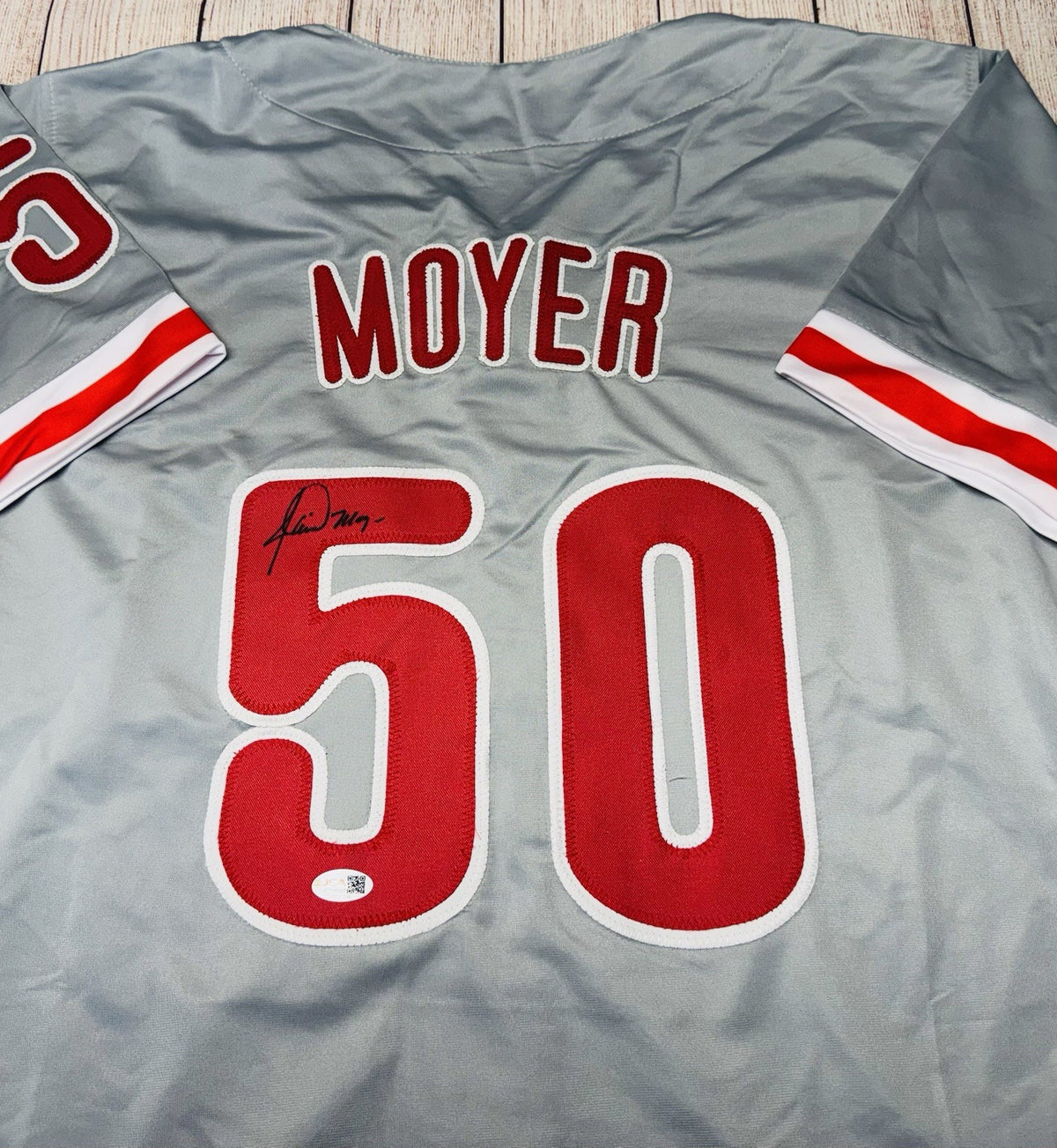 Jamie Moyer signature detail on Philadelphia Phillies grey jersey