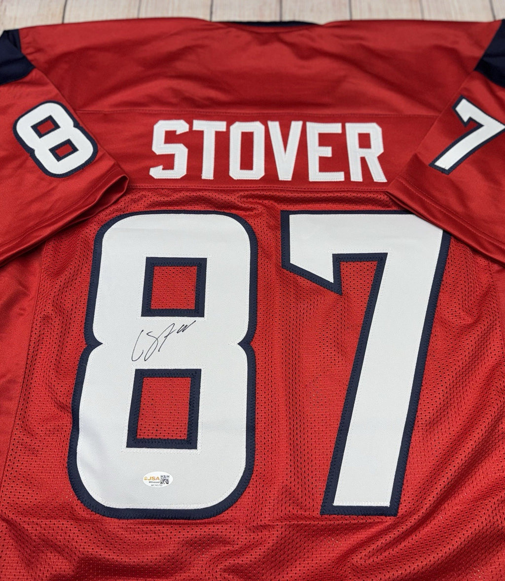 Cade Stover signature detail on Houston Texans red custom jersey