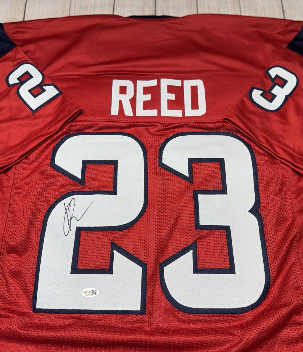 Jaylen Reed signature detail on Houston Texans red custom jersey