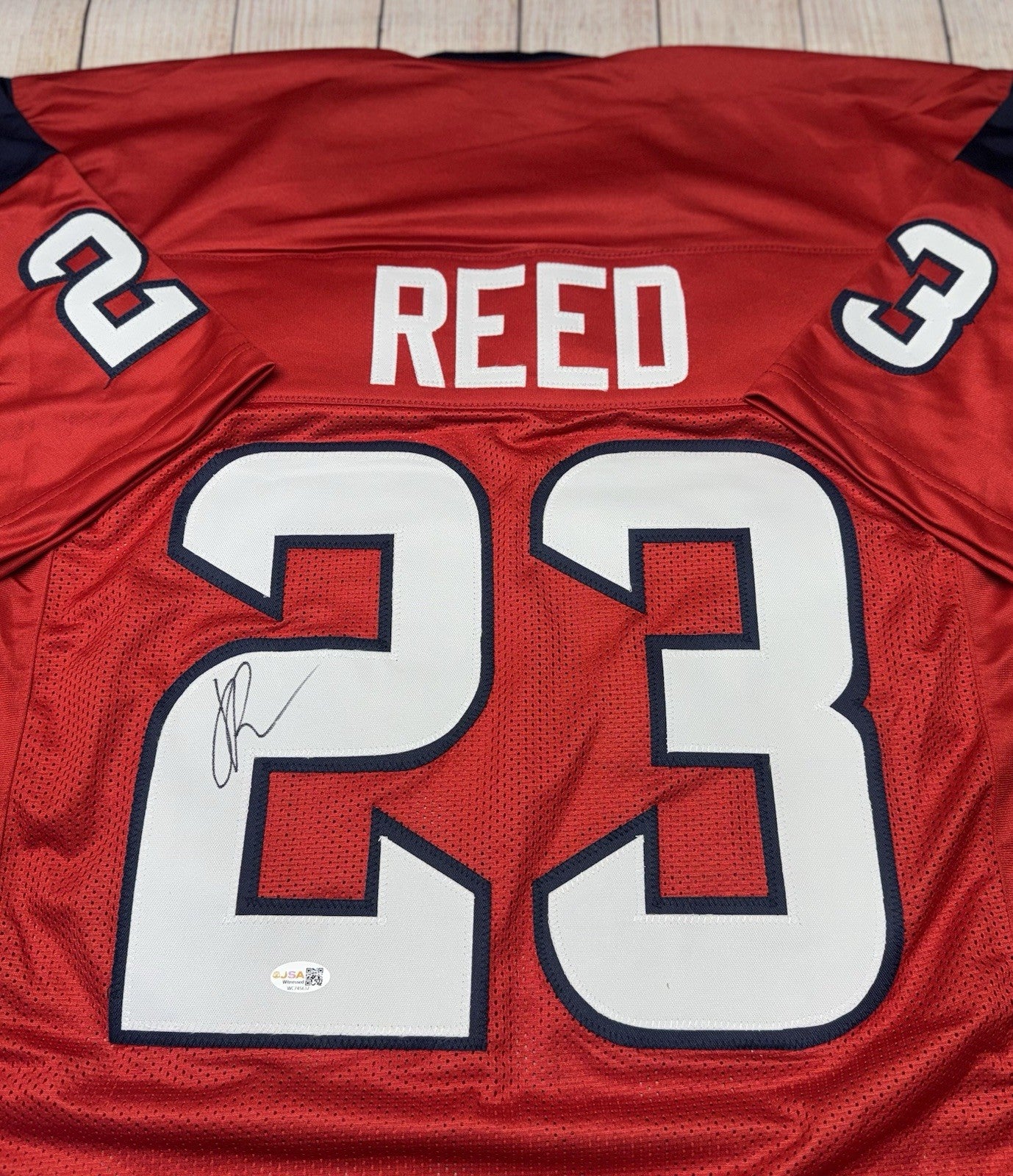 Jaylen Reed signature detail on Houston Texans red custom jersey