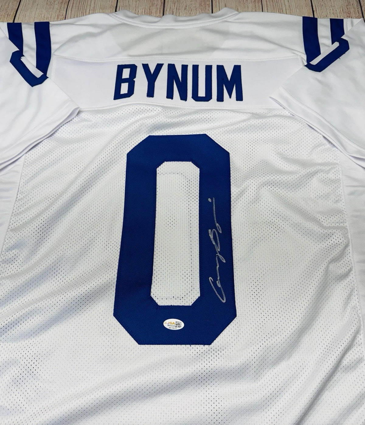 Camryn Bynum signature detail on Indianapolis Colts white jersey