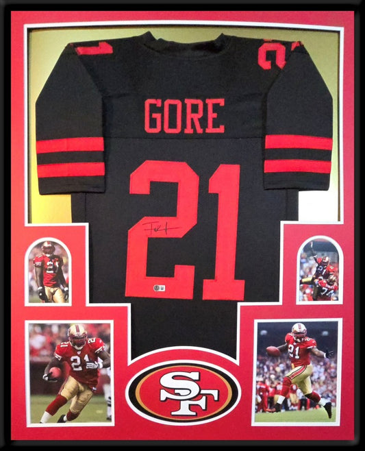 SAN FRANCISCO 49ERS FRAMED FRANK GORE SIGNED BLACK CUSTOM JERSEY BECKETT COA
