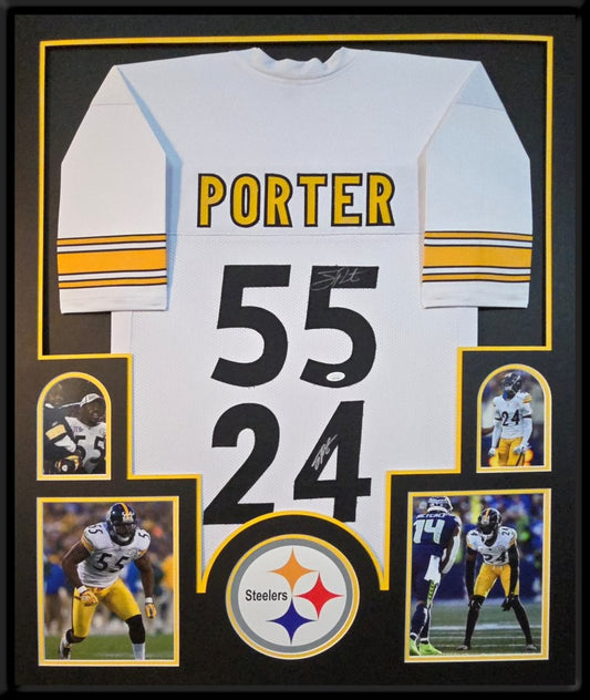 PITTSBURGH STEELERS FRAMED JOEY PORTER SR & JR DUAL SIGNED WHITE JERSEY JSA COA!