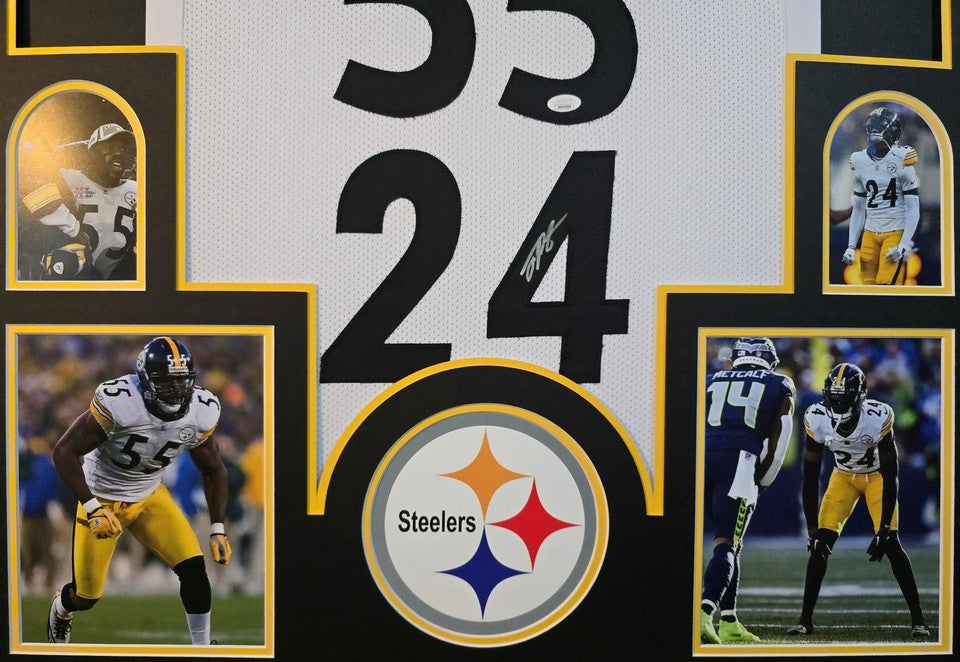 PITTSBURGH STEELERS FRAMED JOEY PORTER SR & JR DUAL SIGNED WHITE JERSEY JSA COA!